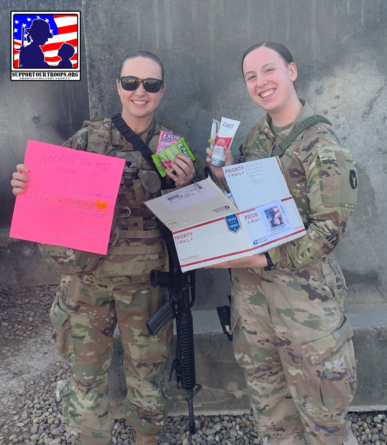 LOCATION UNDISCLOSED, April 4, 2020-Received this care package today (I’m the one in the left) and I got to share it with one of my battle buddies!  Thank you so much this box was absolutely perfect! God Bless you all ~~ SPC Meghan [  ]