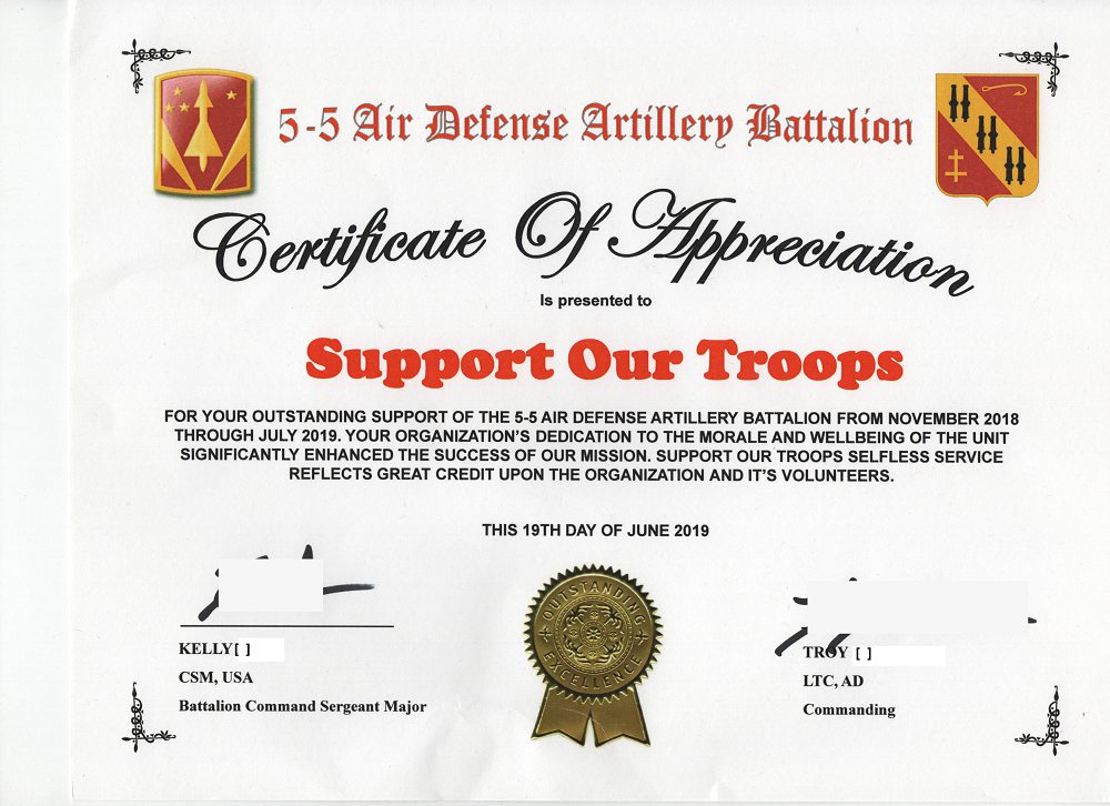As the Battalion chaplain, I wanted to send a personal note of thanks for supporting our BN during the  last year. Your contributions helped lighten the load of our Soldiers and brought many a smile, something not easy to do when you are isolated. Thank you again.