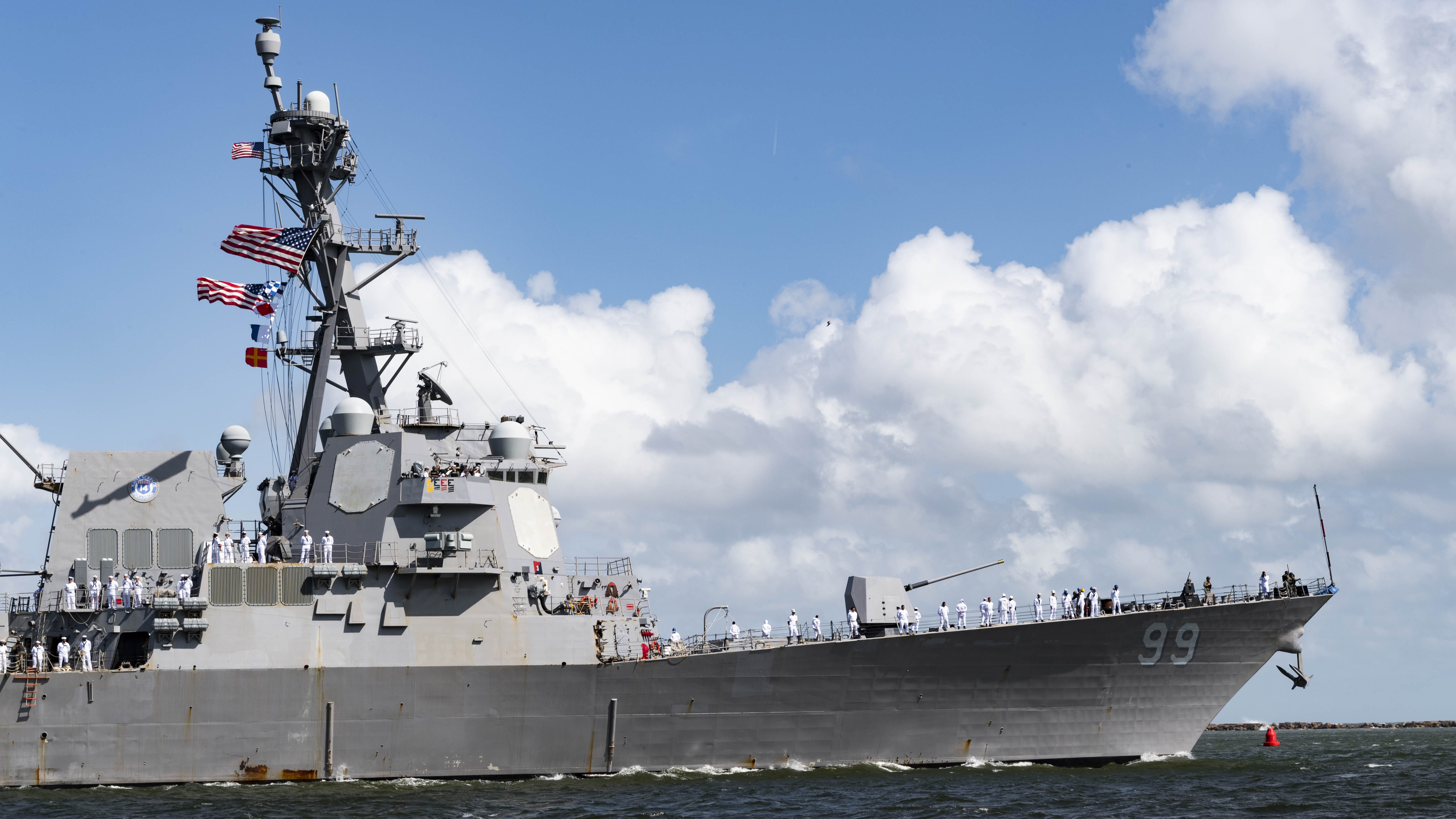 Mayport, Fla. (Sept. 14, 2019) The Arleigh Burke-class guided-missile destroyer USS Farragut (DDG 99) departs Naval Station Mayport. Farragut is among ships and units from the Harry S. Truman Carrier Strike Group that formed a Surface Action Group (SAG) and are deploying from their East Coast homeports of Norfolk, Va. and Mayport, Fla.  Photo by Mass Communication Specialist 2nd Class Anderson [  ].