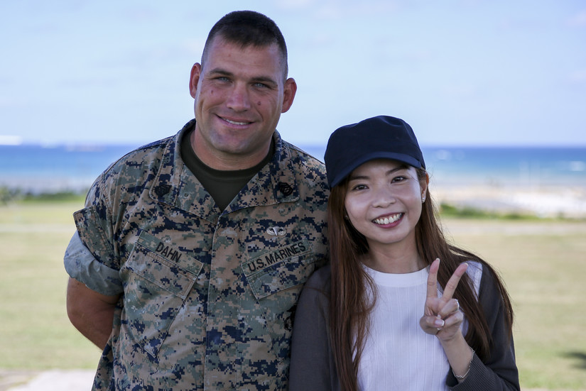 Marine Corps Gunnery Sgt. Scott Michael Dahn and Ching-Yi Sze pose for a photo in Okinawa, Japan, May 24, 2018. Dahn rescued Ching-Yi while she was scuba diving at Okinawa’s Maeda Point, May 20, 2018. Photo by Cpl. Andrew Neumann