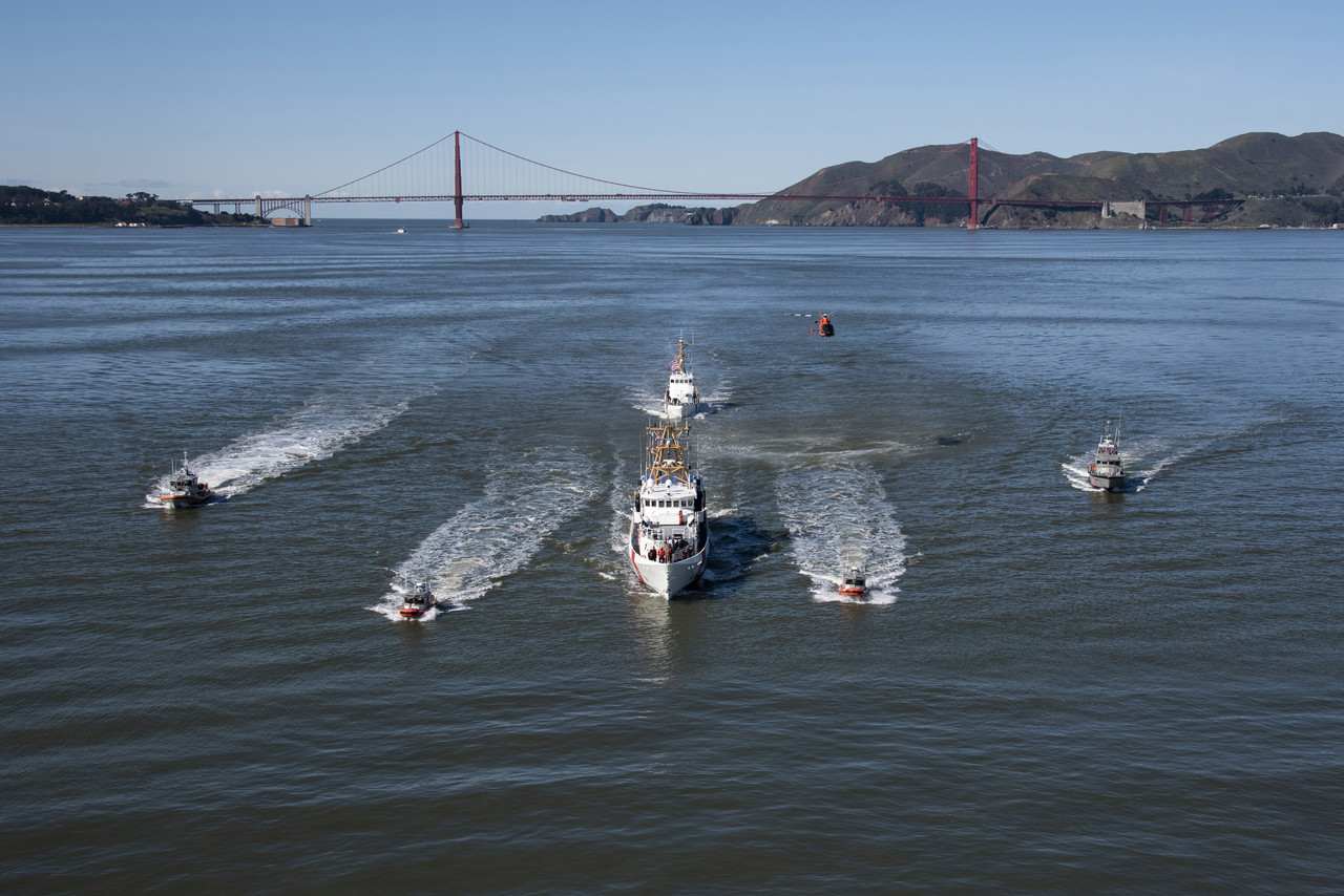 The Coast Guard Cutter Robert Ward is escorted by San Francisco and Sacramento Coast Guard assets as the crew journeys to Coast Guard Sector San Francisco on Yerba Buena Island for a ceremonial commissioning, Feb. 22, 2019. The Robert Ward was the second fast response cutter to be stationed in California and will provide vital capabilities to the Coast Guard in ensuring the safety and security of California’s shipping ports. Photo By: Coast Guard Petty Officer 3rd Class Jordan Akiyama