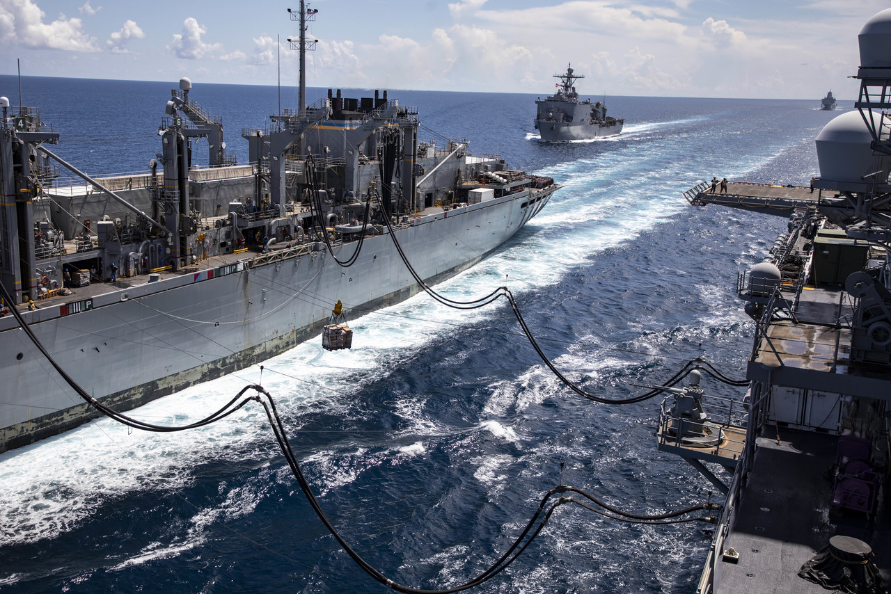 Supplies are delivered to the amphibious assault ship USS Kearsarge as part of a replenishment at sea during an exercise in the Atlantic Ocean, Aug. 30, 2018. Photo By: Marine Corps Cpl. Aaron Henson