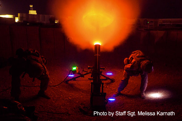 Afghanistan, March 10, 2018 -  Marines fire a 120 mm mortar as a show of force at Camp Shorab in Helmand province.  The Marines are assigned to Task Force Southwest. 