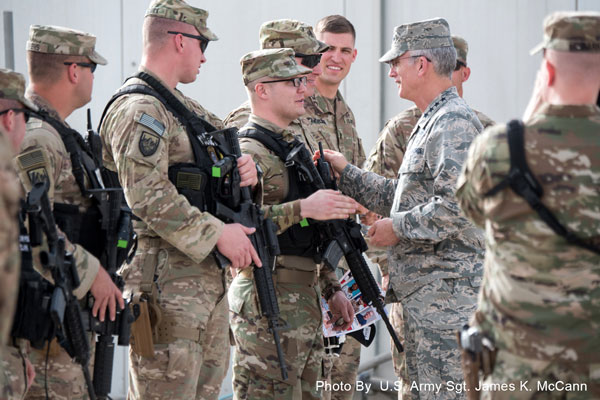 Kandahar Air Field, Afghanistan, April 26, 2018 - Air Force Gen. Paul J. Selva, vice chairman of the Joint Chiefs of Staff, thanks troops at Kandahar Air Field, Afghanistan.