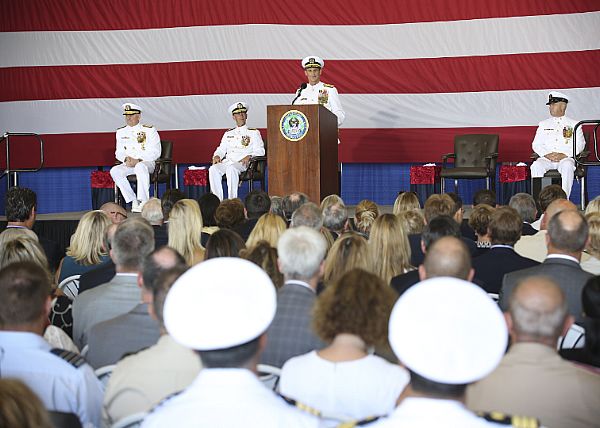 NORFOLK (Aug. 24, 2018) Vice Adm. Andrew "Woody" Lewis address guest as he assumes command of U.S. 2nd Fleet aboard the nuclear aircraft carrier USS George H.W. Bush (CVN 77). U.S. 2nd Fleet will exercise operational and administrative authorities over assigned ships, aircraft and landing forces on the East Coast and North Atlantic. Photo by Mass Communication Specialist 1st Class Gary Prill)