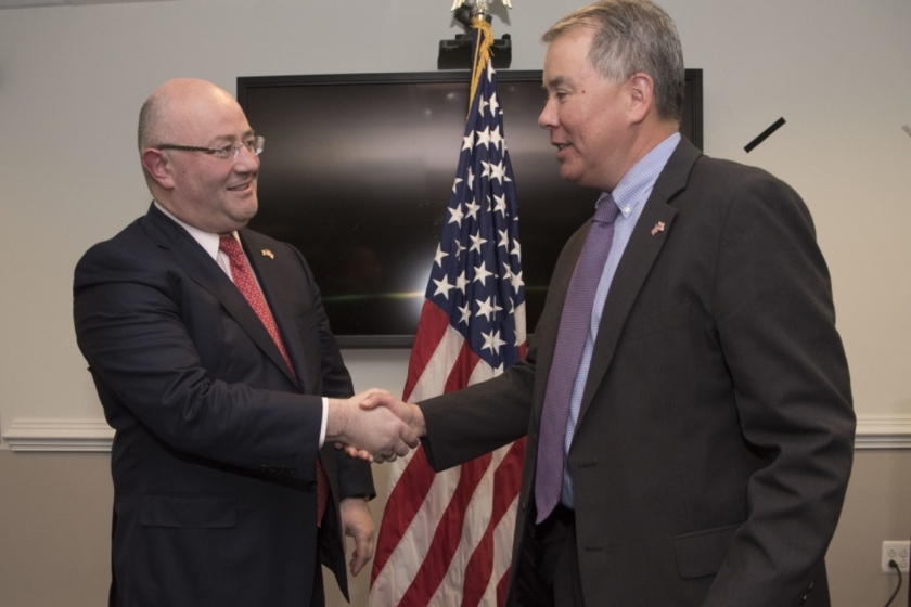 Undersecretary of Defense for Policy John C. Rood, right, hosts Georgian Defense Minister Levan Izoria at the Pentagon, May 20, 2019.