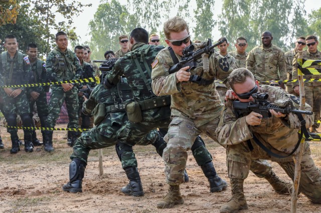 Soldiers from 2nd Infantry Division's 1st Stryker Brigade Combat Team and the Royal Thai Army conduct training during the Cobra Gold exercise in Phitsanulok, Thailand, Feb. 13, 2019. Cobra Gold is the largest theater security cooperation exercise in the Indo-Pacific and is an integral part of the U.S. commitment to strengthen engagement in the region. (Photo Credit: Sgt. Alvin Reeves)