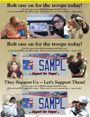 Support Our Troops Florida Vanity License Plate 3 up plate posters